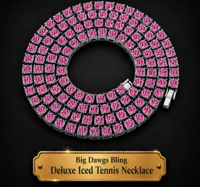 Silver Iced CZ Row Tennis Baseball Chain Necklace Miami Pink