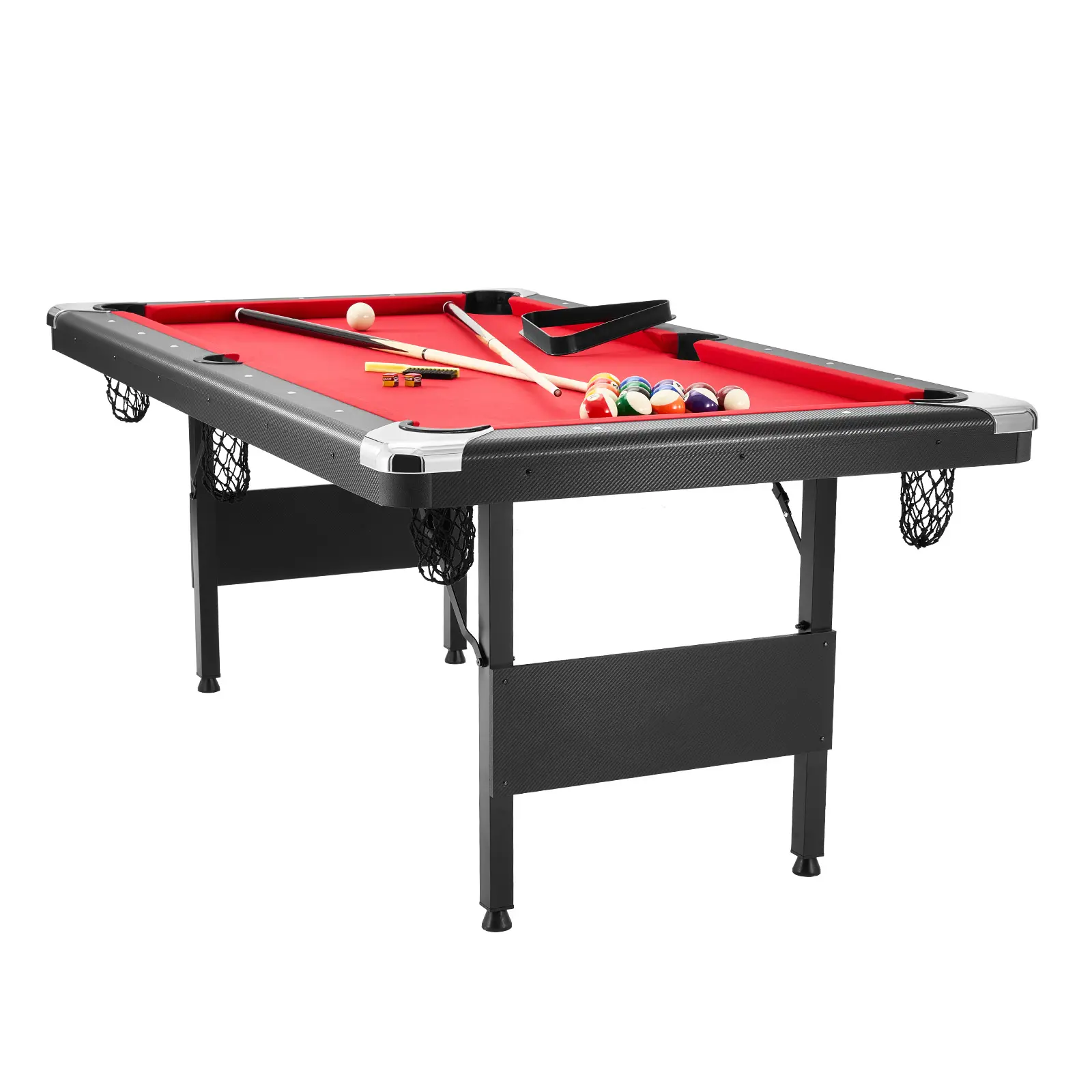 Billiards Table, 6.3 ft Pool Table, Portable Foldable Space-Saving Table, Billiard Table Set Includes Balls, Cues, Chalks and Brush, Black with Red Cloth, Perfect for Family Game Room Kid Adult