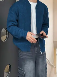 Men's Autumn Winter Casual Long Sleeve Zipper Knit Cardigan Sweater, Simple Versatile Plain Color Loose Fit Outerwear Knitwear