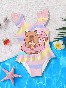 Adorable Girls' One-Piece Swimsuit, Cartoon Print for Kids, Summer Beach Vacation Gift, Fashion Casual Style Triangle Design Swimwear