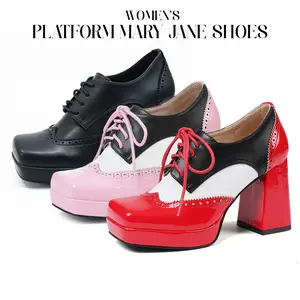 Womens Platform Mary Jane Shoes Closed Square Toe Chunky Block High Heels lace Up Gifts for her Brouge Colorblock Oxford Heel Comfy Slip On Retro Vinatge Casual Concert Date Party Valentine Heeled Shoes