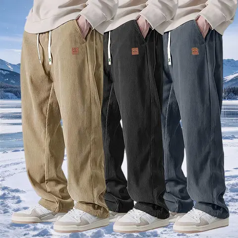 Men’s 3-Pack Casual Loose Comfy Corduroy Pants - Mid Waist with Drawstring, Straight Cut, Vertical Ribbed Texture, Decorative Leather Label, Full Length, Street Style, Machine Washable, Suitable for Autumn/Winter Outings, Multiple Colors