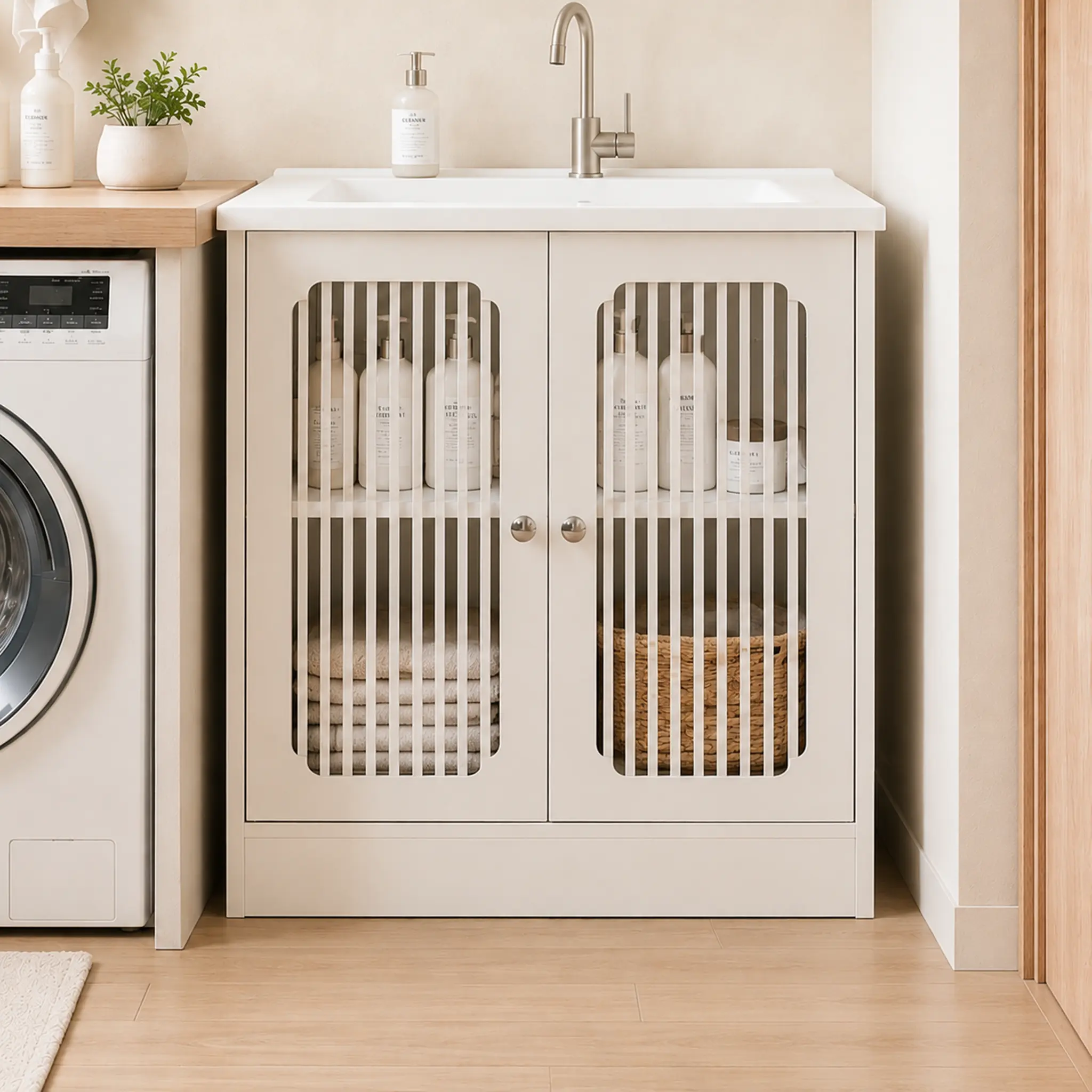 Dufominc White Sturdy Waterproof MDF Wood Freestanding Storage Cabinet - Louvered Double Doors, Drawers, Adjustable Shelves, Elevated Base, Under-Sink Storage Bathroom Furniture with Clean Design, Assembly Required for Laundry Rooms