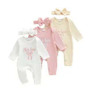 Baby Girls Fall Romper Bow Letter Print Waffled Long Sleeve Round Neck Jumpsuit with Headband	