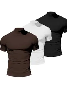 Men's Summer Solid Color Short Sleeve T-Shirt Top 3 Piece Set, Stylish Fitted High Neck Design for Gym & Casual Wear, Breathable Stretch Fabric Available in Multiple Colors, Menswear Fashion