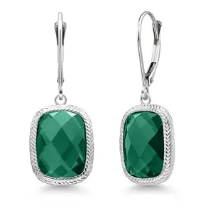 Gem Stone King 925 Sterling Silver Green Nano Emerald Dangle Earrings For Women (4.60 Cttw, 13X9MM Cushion Checkerboard Cut, Leverback)