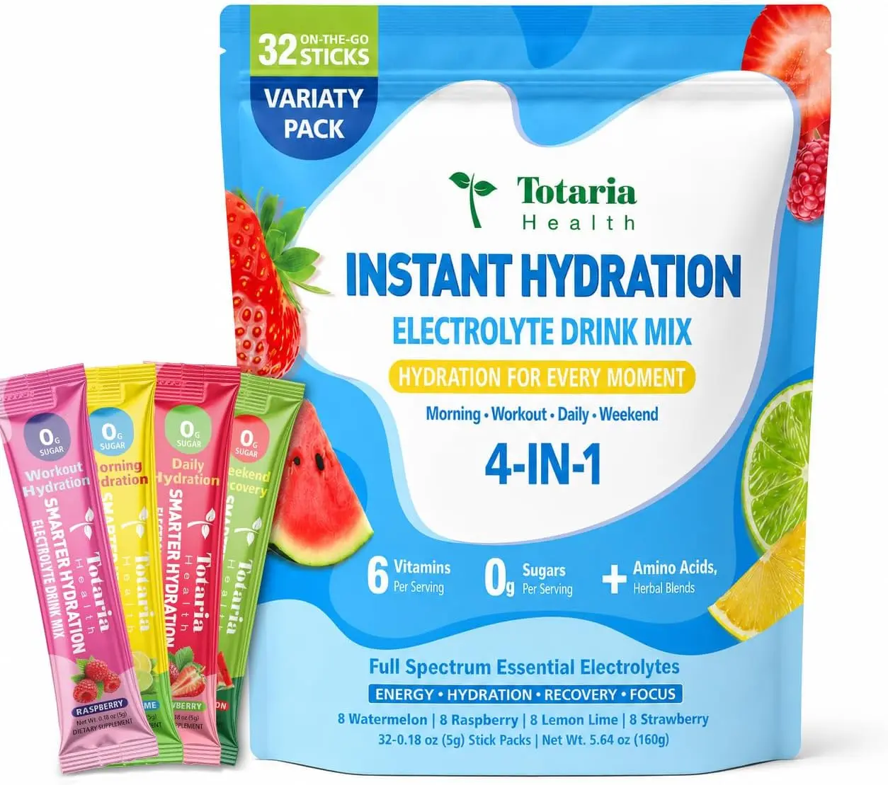 Totaria 0 Sugar Electrolyte Powder Drink Mix, 4 Formulas, 32 Sticks, 0 Calories Hydration Variety Packets Liquid with Himalayan Pink Salt, 7 Key Electrolytes, BCAA, Taurine, 6 Vitamins, Stevia Free
