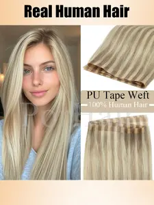 12inches 16inches 20inches Straight Seamless PU Tape Weft Natural Human Hair Extensions Black Brown Blonde Balayge Blonde Long PU Skin Weft Tape in Hair Extensions No Glue Human Hair For Fine Hair Long Weft