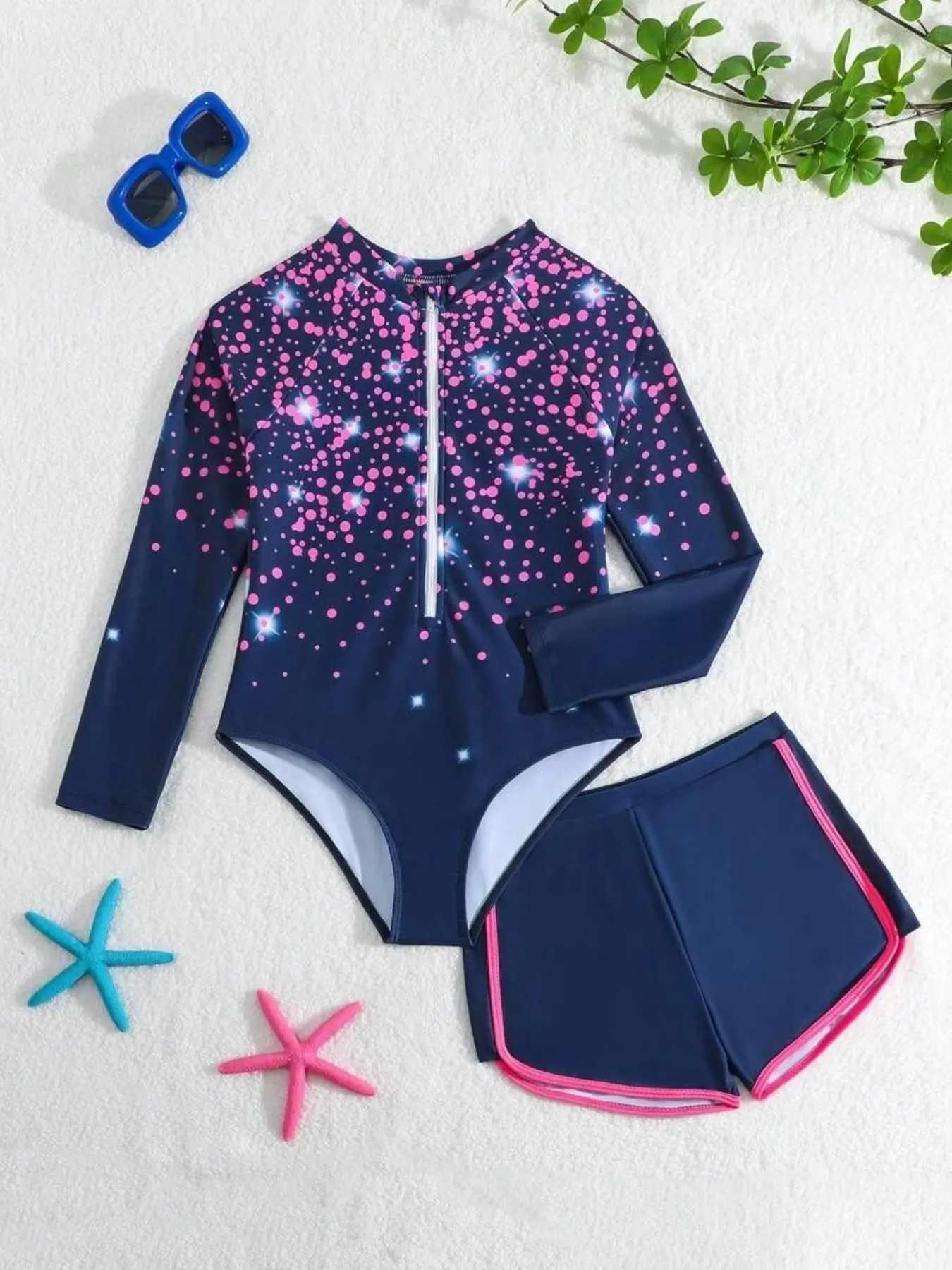 Girls' Colorblock Swimsuit Set, Blue Polka Dot Glitter Pattern, Star Print Swimwear, Sweet Fashion Simple Design, Kids Swimwear, Summer, Bathing Suits
