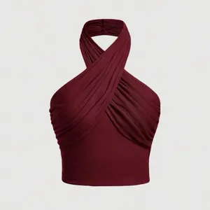 Women's Solid Color Cross Halter Neck Top in Rich Maroon for Everyday Wear