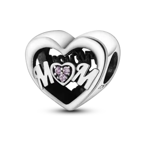 MULA Forever Mom Heart Beads - 925 Sterling Silver and Zirconia Love Pendant, Sentimental Gift for Mother, Compatible with Pandora Bracelets