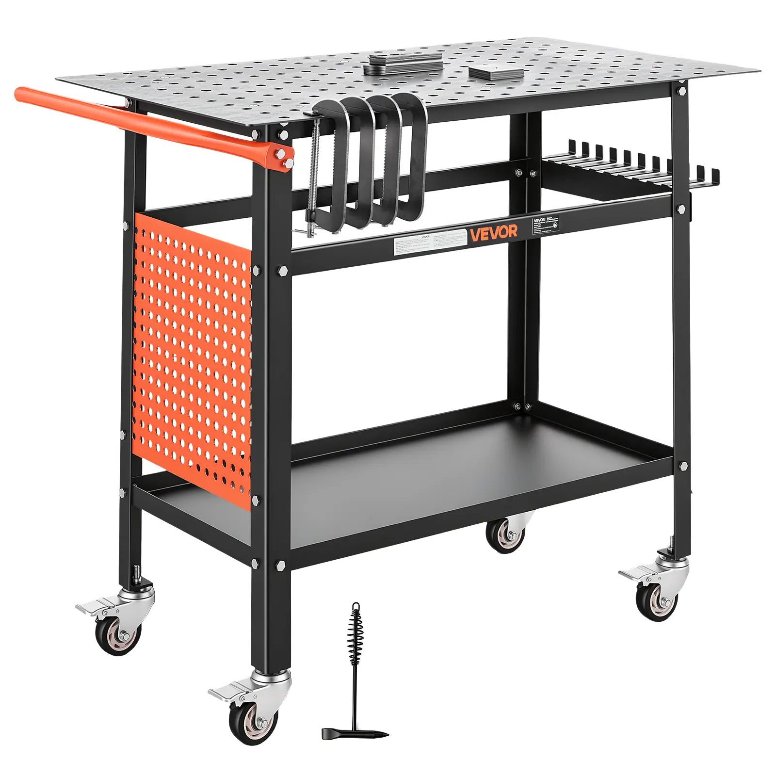 VEVOR Heavy-Duty Steel Welding Table, 40"x24" Movable Workbench with 800LBS Capacity, 4 Lockable Casters, 0.63" Fixture Holes, Tool Tray, Pegboard & Hooks for Workshops