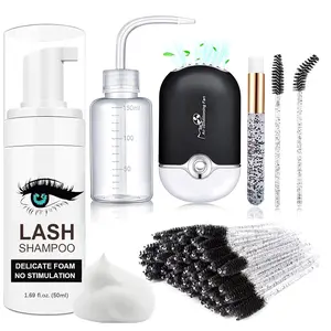 Lash Shampoo for Lash Extensions, Lash Fan with 50ml Eyelash Foam Cleanser and 50 Pcs Eyelash Brush and Rinse Bottle Oil Free/Sulfate Free Eyelash Wash Remover For Eyelash Extension Wash, Black