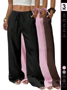 Women's Cotton Linen Palazzo Pants, Drawstring Elastic Waist, Loose Fit, All-Season Wear, Plain Design, Ideal for Daily