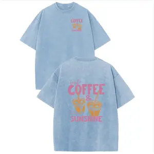 Sunland Oversize Acid Wash Vintage "Iced Coffee & Sunshine" Pattern T-Shirt, Coffee Lover Casual Graphic Tee, Heavyweight Cotton Streetwear Vintage Tees Unisex Crewneck Tshirt summervibes