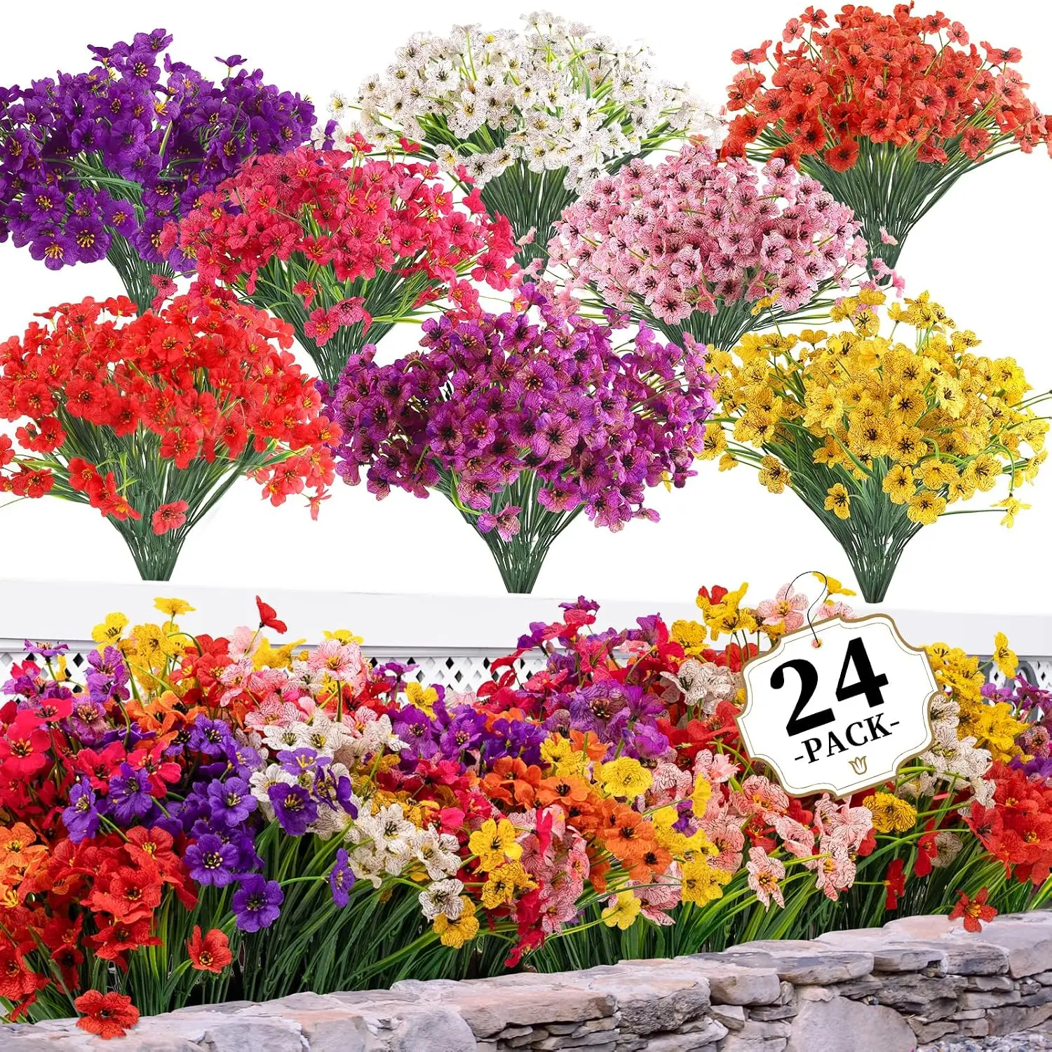 24 Pcs Artificial Flowers for Outdoor,Plastic Flowers Decoration, UV Resistant Faux Flowers Shrubs, Artificial Plants for Indoor Outside Garden Home Wedding Farmhouse（6 Color/8 Color）
