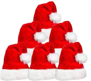 6 Pack Plush Santa Hat, Traditional Red and White Plush Christmas Santa Hat for Christmas Party, Adult Size