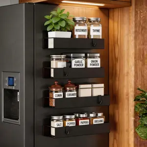 4 Pack Spice Organizer for Refrigerator, Magnetic Storage Rack with Strong Hold for Spice Jars, Kitchen Cabinet & Oven Door, Space Saving Fridge Organizer Set