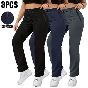 Women’s 3-pack summer high-waisted straight casual pants with zippered pockets, polyester fabric