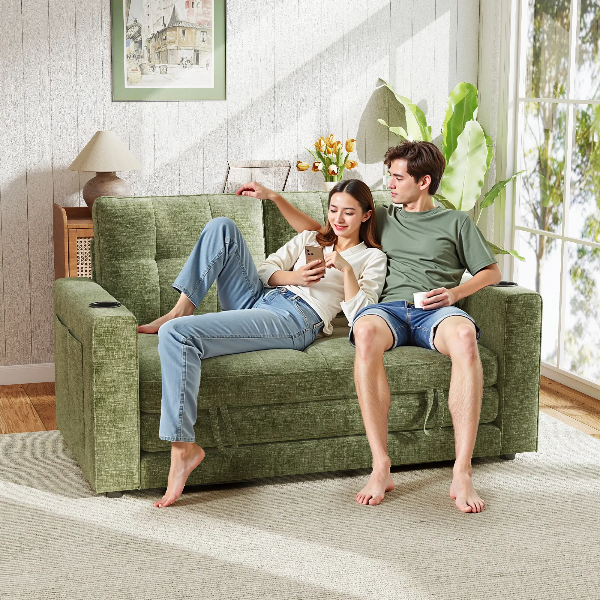 GuroMagicSofa 55-in Elizabeth 5-in-1 Convertible Sleeper Sofa Bed - Deep Seat Chenille Fabric Modular Sofa Sectional, Pull-Out Guest Bed, No-Assembly Compact Design Couches for Living Rooms, Apartment Bedroom Furniture, Folding Sofa Bed Bedroom Furniture