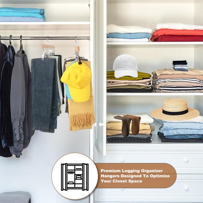 Legging Hanger for Closet Organizer with 10 Clips ,2 Pack Wooden Yoga Pants Hanger Holds 20 Leggings, Space Saving Hanging Closet Organizer w/Rubber Coated Closet Organizers and Storage,Clothes Hanger with Clips for Bra,Belt,Sock,Hat Hanging Organization