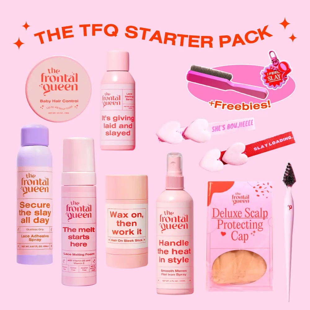 The Frontal Queen Starter Pack | Wig Install Essentials Kit for Melted Lace, Laid Edges & Sleek Styles | Includes Lace Melting Spray, Lace Adhesive, Melting Foam, Edge Control, Wax Stick, Heat Protectant & Wig Accessories + FREE Keychain & Slick Brush