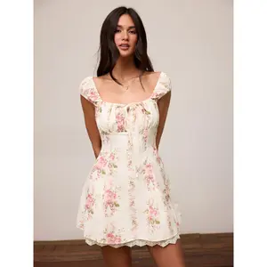 Cider Square Neck Floral Knotted Mini Dress