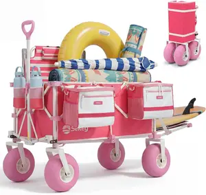 Sekey Heavy Duty Beach Wagon 300L Foldable Cart with Cooler Bag | 600lbs Capacity, 9" Sand-Proof Balloon Wheels, Adjustable Handle, All-Terrain Wagon for Beach, Camping & Vacation