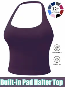 Women's Padded Halter Neck Tank Top, High Elastic Seamless Athletic Top, Casual Yoga Gym Streetwear, All Seasons Comfortable Bra, Casual Sports Vest