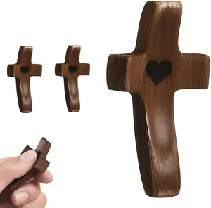 3Pcs Wooden Cross Encouragement Gift Wooden Pocket Cross Handheld Wood Small Cross Fingertip Stress Relief Religious Gifts for Children Adults Praying, Clutching, Clinging （Walnut）