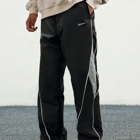 Unisex Drawstring Waist Patchwork Straight-Leg Sports Pants, Casual Quick-Dry Trousers, Loose Fit Long Pants, Sportswear Clothing