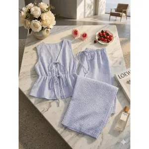 Women's Textured Gingham Matching Set, Sleeveless Peplum Top and High Waisted Pants Outfit