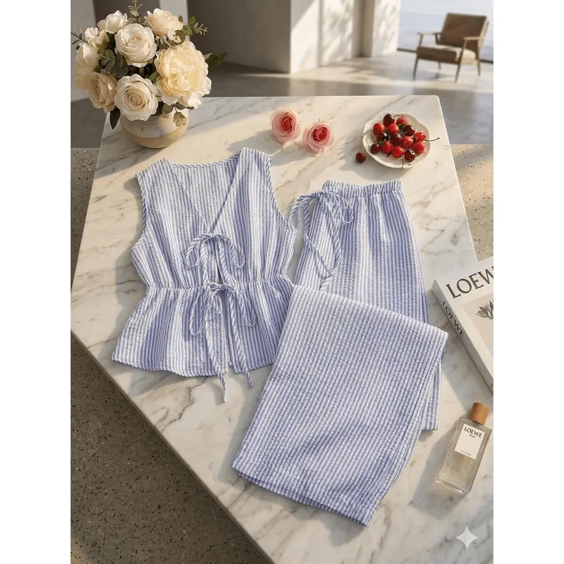 Women's Classic Patterned 2-Piece Pants & Top Set - Sleeveless Peplum Top, High-Waisted Pants, Casual Women's Fashion Clothes