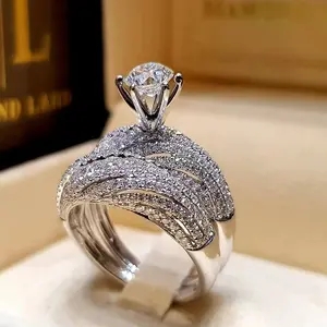 Full Diamond Double Layer Simulated Diamond Ring for Women Silver Plated Engagement Ring Beautiful Elegant Jewelry