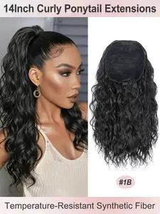 14inch 35cm Deep Brown Deep Wave Clip-On Ponytail Wig – Heat-Resistant Synthetic Fiber, Creates a Natural Curly Hairstyle, Suitable for Women's Daily Use and Styling, Voluminous Curly Hair, Heat-Resistant Fiber, Hair Accessory