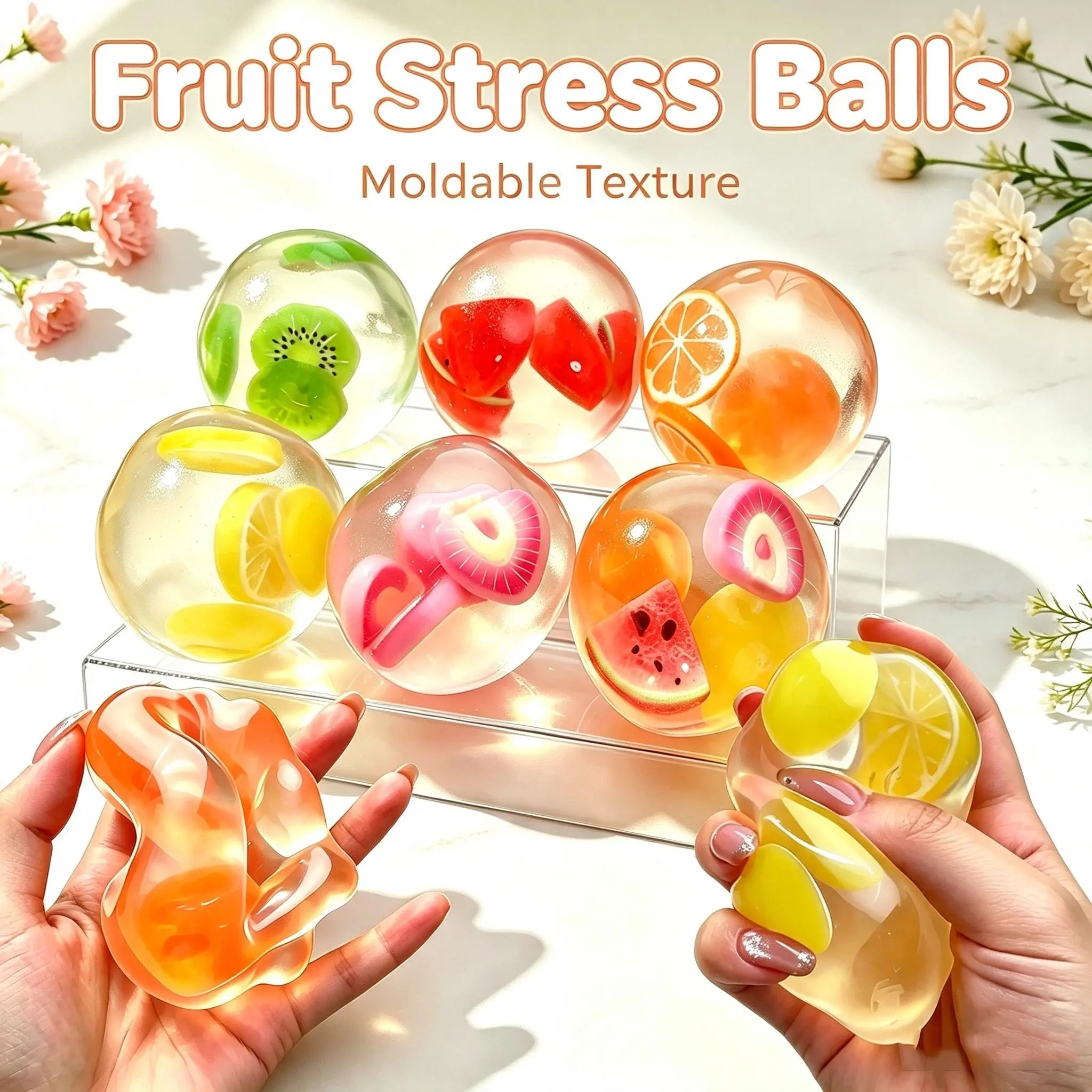 1 Count Coconut Oil Stress Ball, Shapeable No Rebound Stress Relief Ball Coconut Oil Handmade Squeezing Ball, Anxiety Relief Toy, Fidget Toy with squeezable fruit-shaped slices inside.