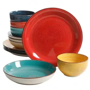 12-Piece Color Speckle Double Bowl Tableware Set - 4 Assorted Colors, Mix-and-Match Design