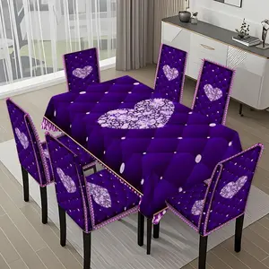 5/7-piece 2D Flat Printing Purple Background with White Dots and Heart Printing Pattern Tablecloth and Chair Cover Set, for dining table and chair decoration, perfect for home, holiday gatherings, restaurants, and parties.