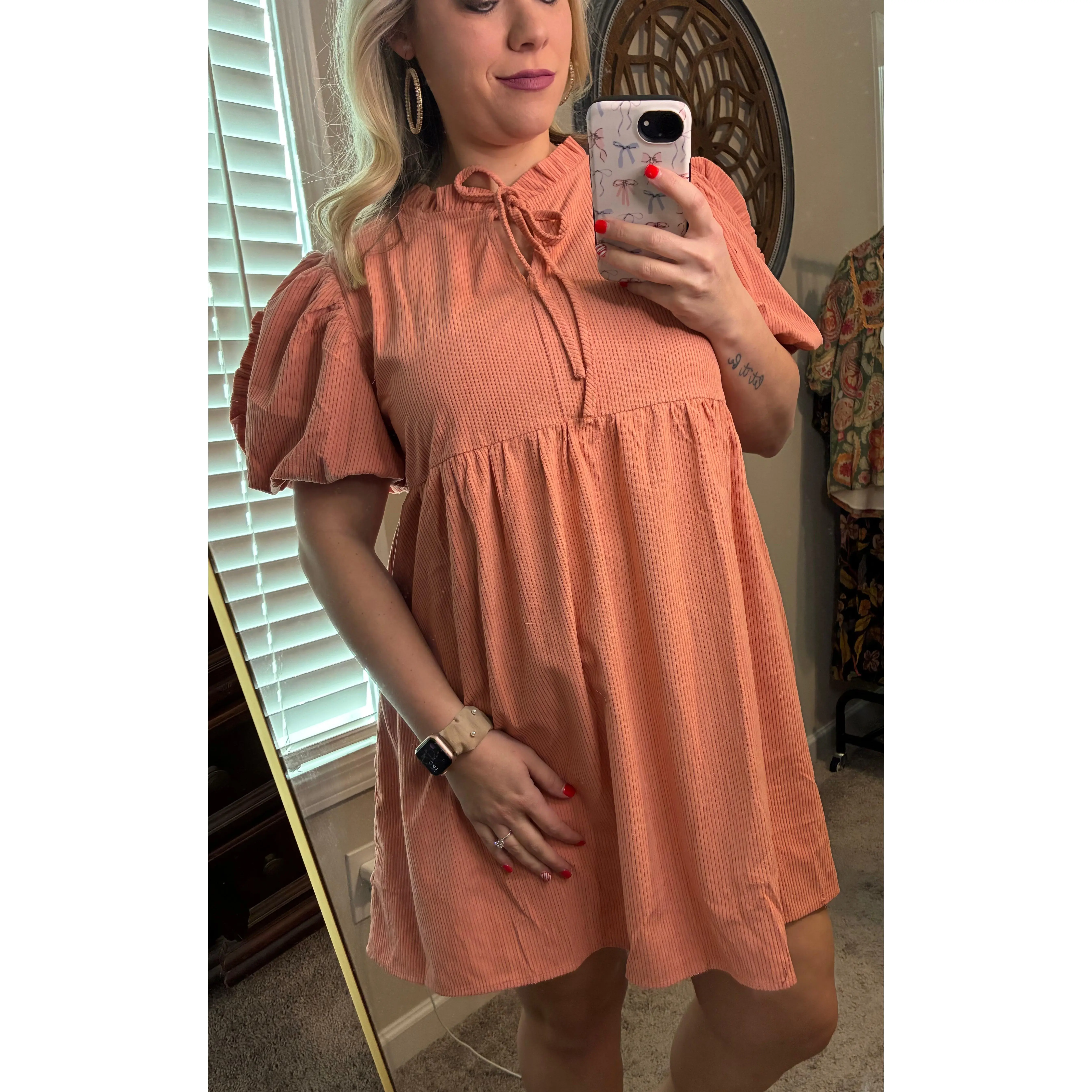 Salmon Courdoroy Tie Dress