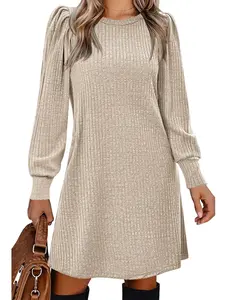 Fall Winter Women's Puff Sleeve Rib Knit Dress Crew Neck Long Sleeve Loose Fit Dress Casual Bridal