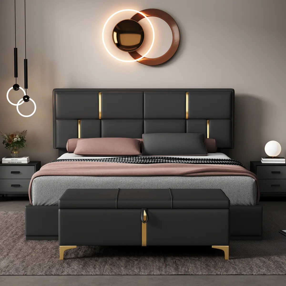 2-Pieces Bedroom Sets,Queen Size Upholstered Platform Bed with Hydraulic Storage System,Storage Ottoman with Metal Legs, PU Leather Black