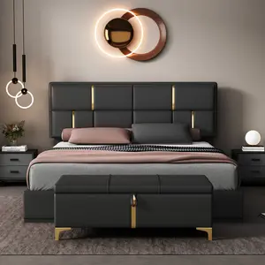 2-Pieces Bedroom Sets,Queen Size Upholstered Platform Bed with Hydraulic Storage System,Storage Ottoman with Metal Legs, PU Leather Black