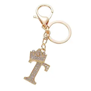 T - Sparkling A-Z Letter Keychain, Gold Crown Alphabet Pendant Charm for Handbag, Wallet, Car Keys, Gift for Women & Mom