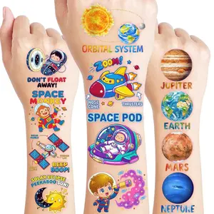120 PCS Pre-cut Solar System Outer Space Temporary Tattoos for Kids - Educational Watercolor Planet Tattoos (10 Sheets) - Galaxy Birthday Party Favors, Science Class Rewards & Goodie Bag Fillers