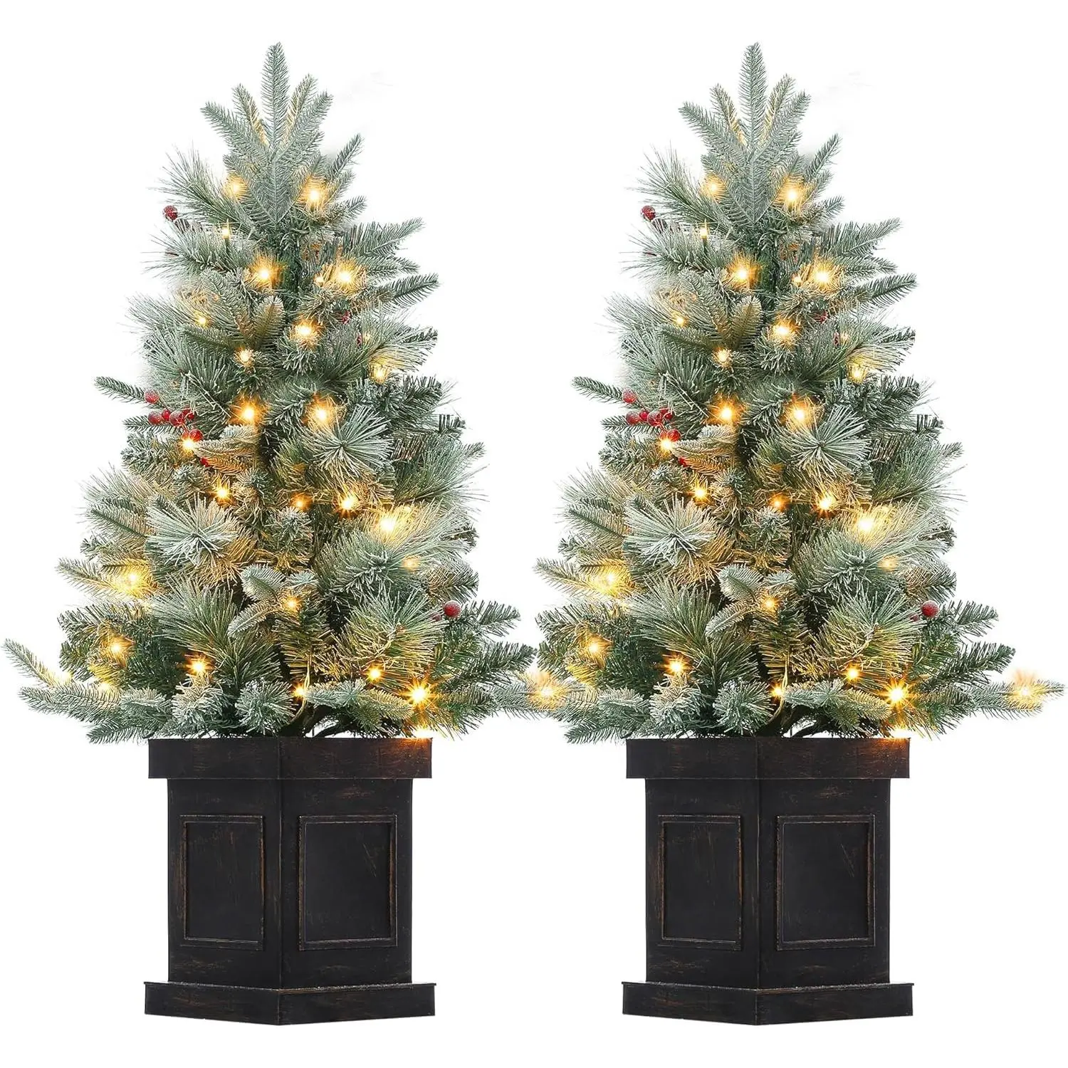 3 Ft Christmas Tree with Square Shaped Base, Artificial Holiday Christmas Tree with 78 Led Lights, Red Berry Decorations, Holiday Ready, Easy Installation, 2-Piece Set