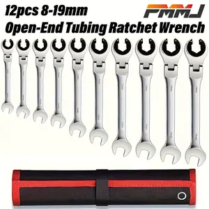 PMMJ 12Pcs 8-19mm Metric Flex-Head Ratcheting Wrench Set, 72-Tooth CR-V Steel Open-End Wrenches. Great for brake, fuel and AC line repairs. Includes portable storage bag, ideal for mechanics, DIY work and gifts for men.