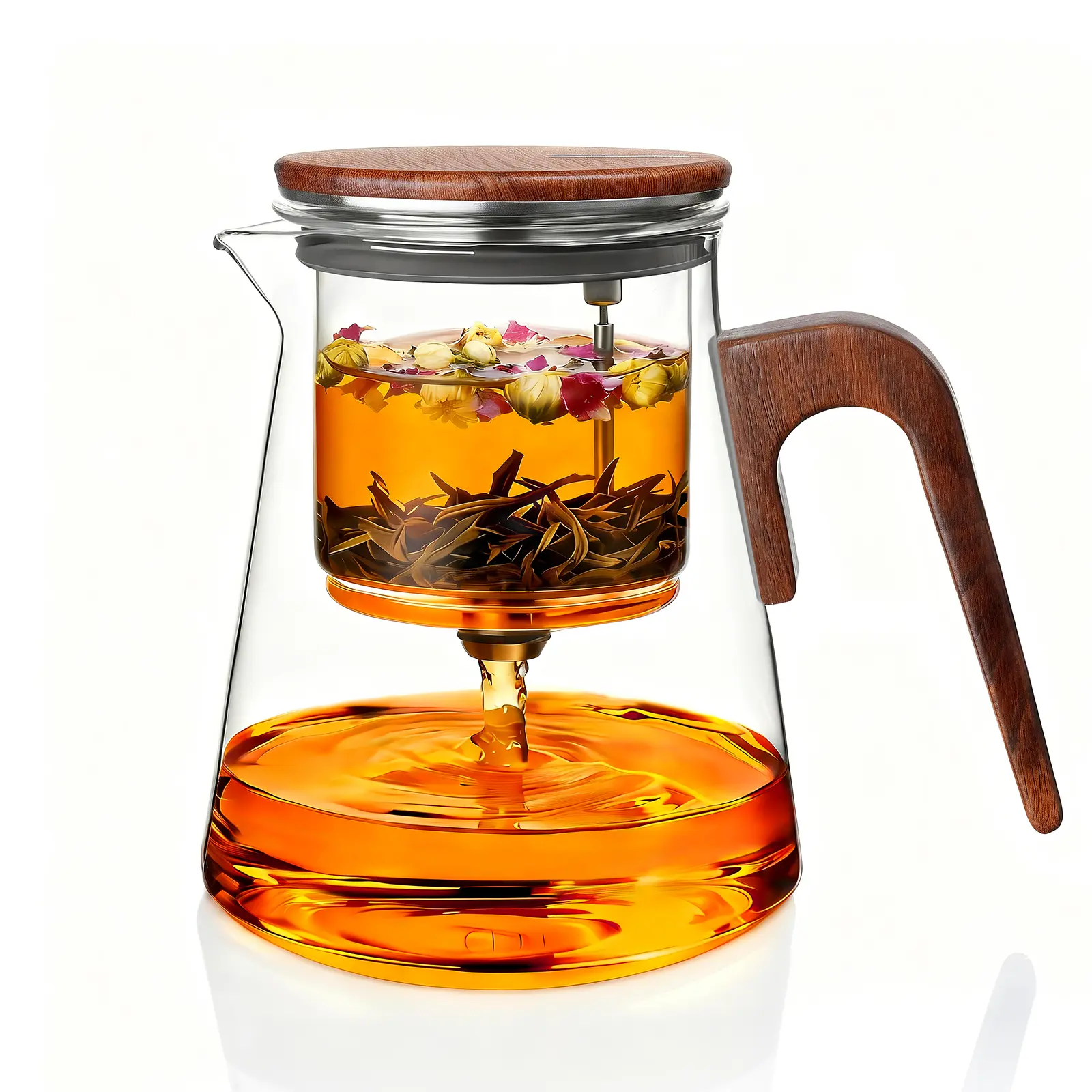 ZENS Magnetic Tea Pot, Enchanted Glass Teapot with Infuser and Magnetic Suction Lid for Mess-Free Loose Tea Diffusers, Walnut Wood Handle, Tea Lovers Gifts-27oz