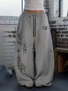 Women's Casual High School Fashion Pants, Drawstring Waist, Long Regular Fit, All Season Comfortable Wear, Stylish Print Design