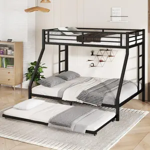 Metal Bunk Bed Twin XL over Queen with Trundle for 3Teens/Adults, Heavy-duty Metal Bunk Bed Frame with 2 Ladders & Safety Guardrail, Space-saving Design for Bedroom/Dorm, Black