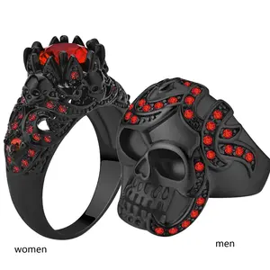 His And Hers Rings Couple Rings Skeleton Black Rings AAA Red Cz Womens Wedding Ring Punk Ring Mens Wedding Bands